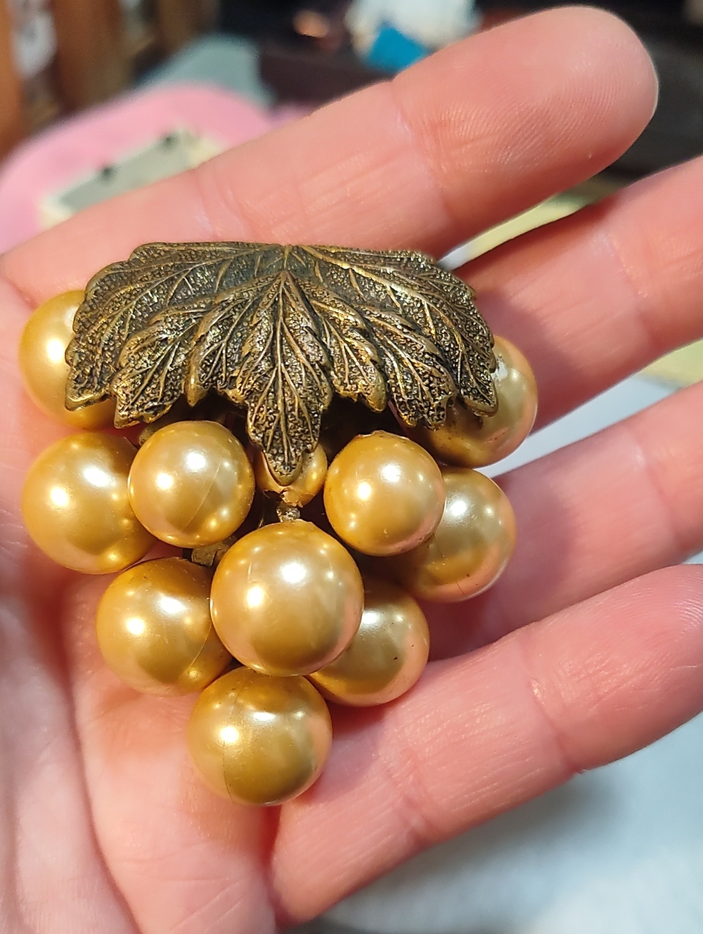 Vintage Golden Pearl Cluster Brooch with Leaf Accent